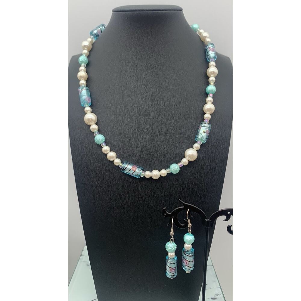 Aqua Turquoise‎ Blue Art Glass & Faux Pearl Beaded Necklace & Earring Set Lot